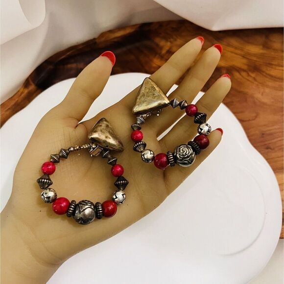 Vintage Large Earrings Silver Tone  Beaded Dangle Ornate Beads Clip On Y2K 4583 - Picture 3 of 8